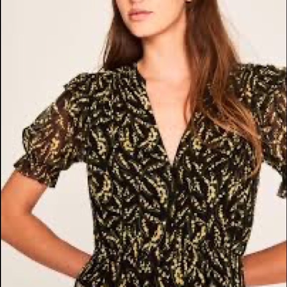 BA&SH Matcha Floral Mini Dress Noir Flowy Ruffles Elastic Waist BLK/Yellow SZ 4 - Picture 5 of 16